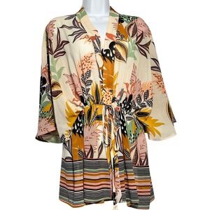 DR2 Floral Print Kimono Open Front Tassel Tie Waist Cover Up